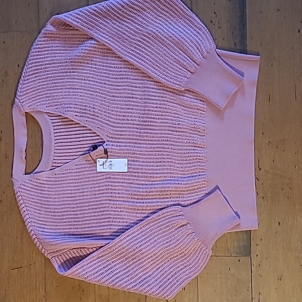 Express Pink Crew Neck Sweater with Ribbed Texture and Relaxed Fit